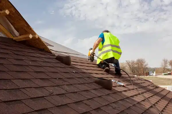 Professional roofer using tools to repair shingle roof